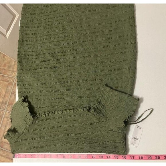 NWT GAP Women’s Off-Shoulder Smocked Stretch Cotton Blend Mini Dress Green Sz L - Picture 6 of 9